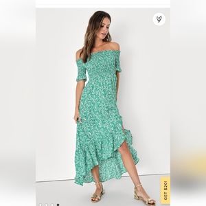 Lulus Fleur-tation Green Floral Print Off-the-Shoulder Midi Dress